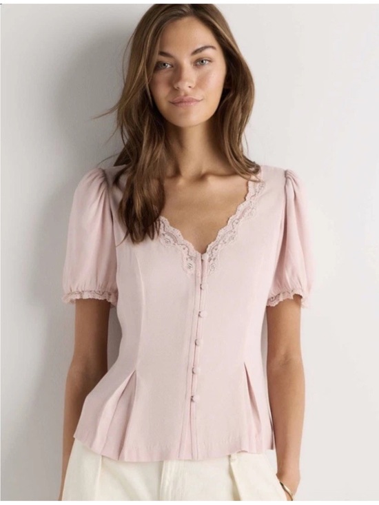 Quince Tops - Quince NWT Coquette Shell Pink Lace Trim Peplum Blouse Medium